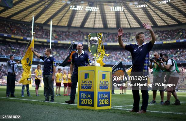Lawrence Dallaglio, Jonny Wilkinson and Rob Andrew deliver the trophy wearing Scotland shirts in support of Doddie Wear during the Aviva Premiership...