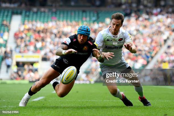 Jack Nowell of Exeter Chiefs and Chris Wyles of Saracens compete for the ball during the Aviva Premiership Final between Saracens and Exeter Chiefs...