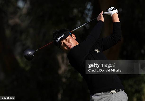 Ryuji Imada of Japan tees off the 5th hole during the second round of the 2010 Farmers Insurance Open on January 29, 2010 at Torrey Pines Golf Course...