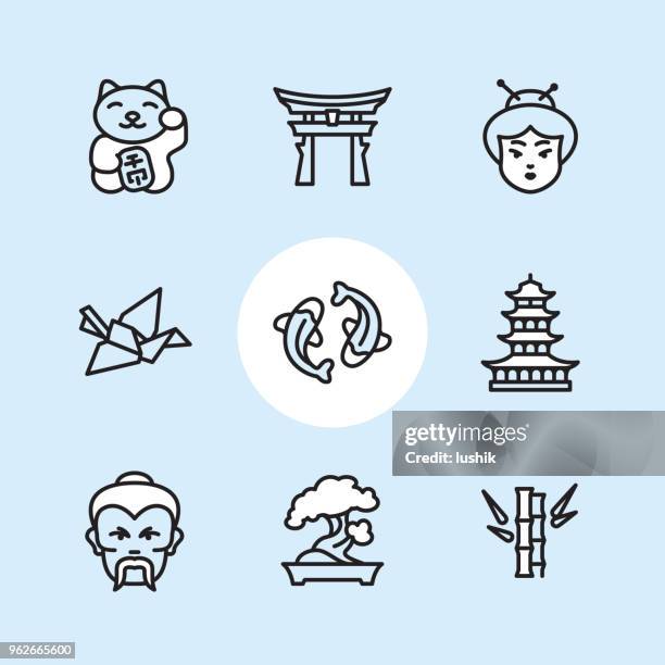 ilustraciones, imágenes clip art, dibujos animados e iconos de stock de tema de japón - conjunto de iconos de contorno - gato mujer asiatica