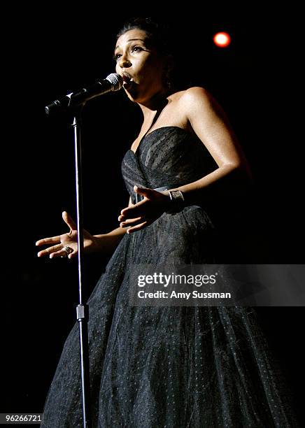 Singer Melanie Fiona performs at the Music Preservation Project "Cue The Music" held at the Wilshire Ebell Theatre on January 28, 2010 in Los...