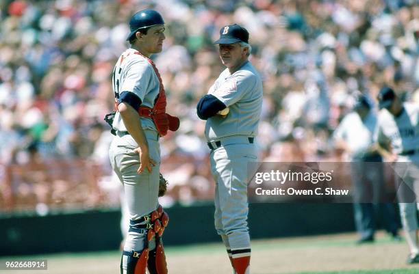 John McNamara manager of the Boston Red Sox visits the mound in a game against the California Angels at the Big A circa 1986 in Anaheim, California.