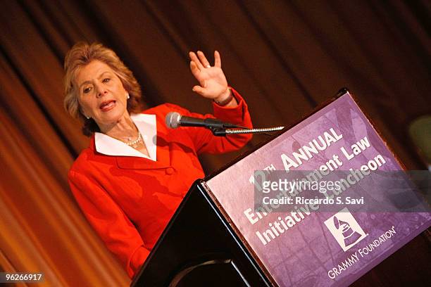 Senator Barbara Boxer speaks at The GRAMMY Foundation's 12th annual Entertainment Law Initiative Luncheon and Scholarship Presentation held during...