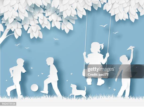 stockillustraties, clipart, cartoons en iconen met silhouet van gelukkige kinderen spelen. papier knippen stijl - happy people running