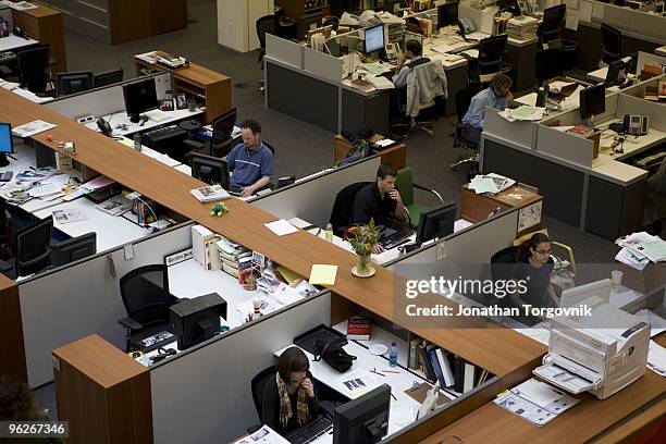 View of the newsroom at the New York Times building May, 2008 in New York City. The newsroom is mostly active from 6pm when the editors begin working...