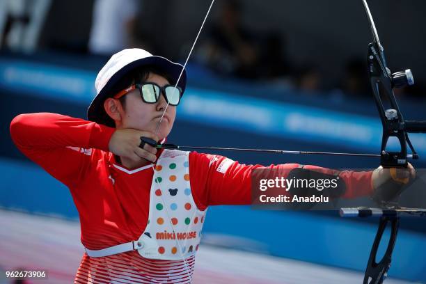 Sugimoto Tomomi of Japan takes part in the final competition at the second stage of the 2018 Archery World Cup, at a field in Konyaalti Beach of...