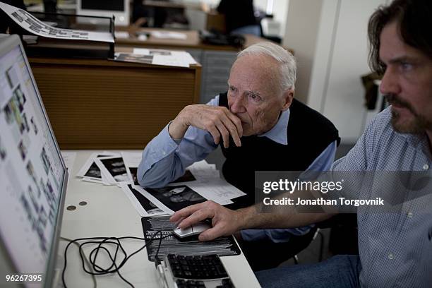 New York Times Photographer Bill Cunningham working with designers on the layout of his column May, 2008 in New York City. He is very particular and...