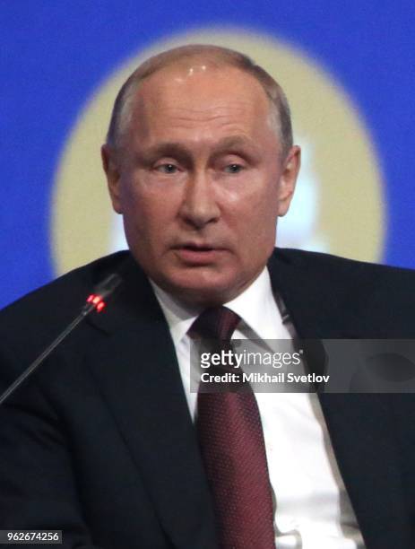 Russian President Vladimir Putin speaks during the plenary at the 2018 Saint Petersburg International Economic Forum on May 25, 2018 in Saint...