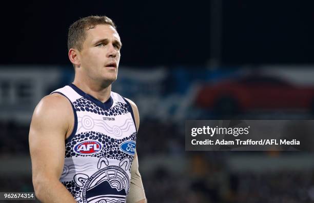 Joel Selwood of the Cats walks to the coin toss during the 2018 AFL round 10 match between the Geelong Cats and the Carlton Blues at GMHBA Stadium on...