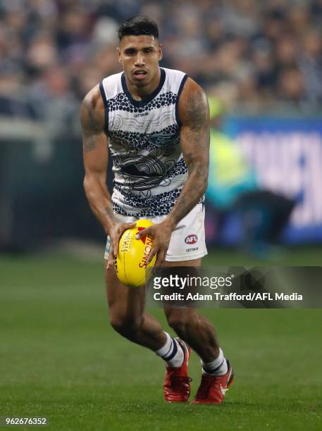 Tim Kelly of the Cats in action during the 2018 AFL round 10 match between the Geelong Cats and the Carlton Blues at GMHBA Stadium on May 26, 2018 in...