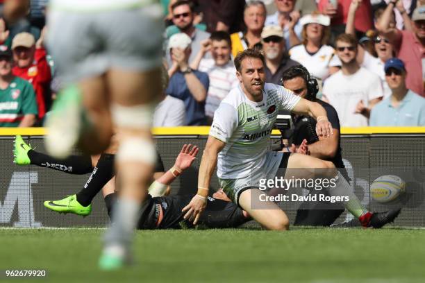 Chris Wyles of Saracens celebrates after touching down for the third try during the Aviva Premiership Final between Saracens and Exeter Chiefs at...