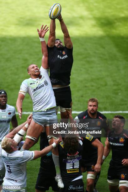 Don Armand of Exeter Chiefs and Nick Isiekwe of Saracens compete to win a line out ball during the Aviva Premiership Final between Saracens and...