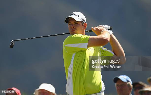 Robert Gates of the USA tees off on the 2nd hole during day three of the New Zealand Open at The Hills Golf Club on January 30, 2010 in Queenstown,...