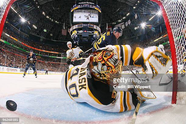 Thomas Vanek of the Buffalo Sabres scores a first period goal against Tuukka Rask of the Boston Bruins on January 29, 2010 at HSBC Arena in Buffalo,...
