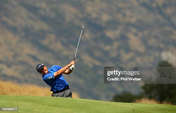 Scott Gardiner of Australia plays a shot on the 1st hole during day three of the New Zealand Open at The Hills Golf Club on January 30, 2010 in...