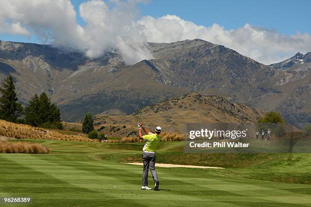 Robert Gates of the USA plays a shot on the 2nd hole during day three of the New Zealand Open at The Hills Golf Club on January 30, 2010 in...