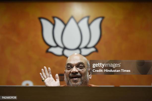 Bharatiya Janata Party President Amit Shah addresses a press conference on four years of NDAs Government, at BJP Headquarters, on May 26, 2018 in New...