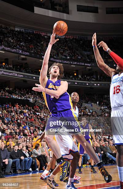 Pau Gasol of the Los Angeles Lakers shoots against Marreese Speights of the Philadelphia 76ers during the game on January 29, 2010 at the Wachovia...