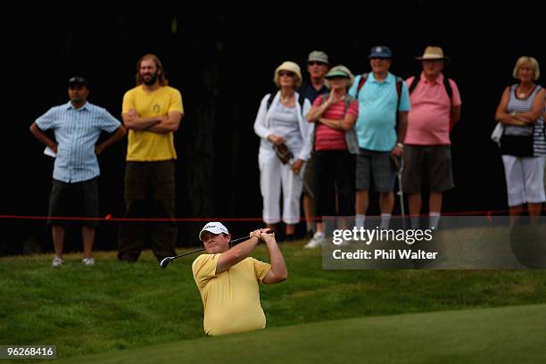 Jarrod Lyle of Australia plays a shot on the 1st hole during day three of the New Zealand Open at The Hills Golf Club on January 30, 2010 in...