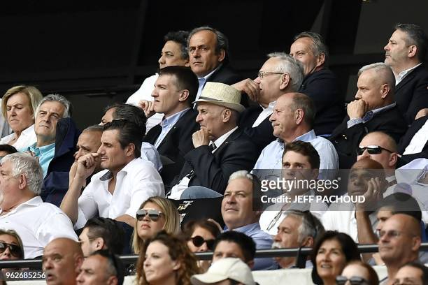 French former football player and former UEFA head Michel Platini attends the French Top 14 rugby union semi-final match between Racing 92 and...
