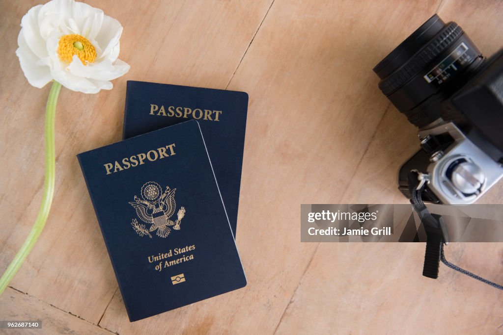 Passport, flowers and camera on table