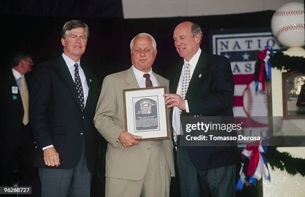 Tommy Lasorda is honored during the Hall of Fame Induction Ceremony on August 3, 1997 at the Clark Sports Center in Cooperstown, New York.
