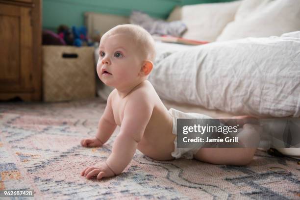 baby girl (12-17 months) on carpet near sofa - allongé sur le devant photos et images de collection