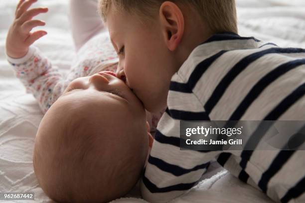 brother kissing little sister (18-23 months, 4-5) with love - brother love stock pictures, royalty-free photos & images