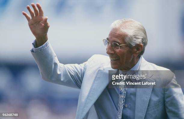 Phil Rizzuto attends a pre-game ceremony in honor of "Yogi Berra Day" during the MLB game between the Montreal Expos and the New York Yankees on July...