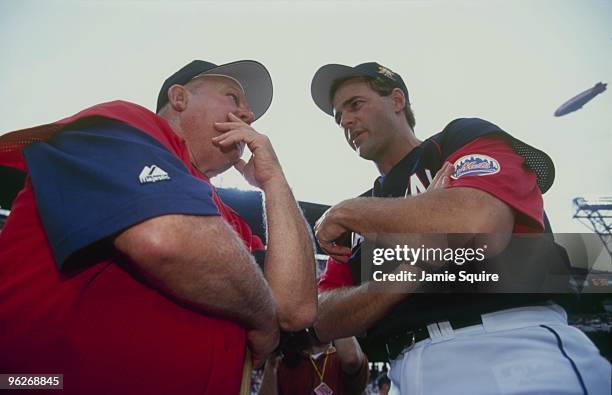 Don Zimmer and Al Leiter speak prior to the 2000 MLB All-Star Game at Turner Field on July 10, 2000 in Atlanta, Georgia.