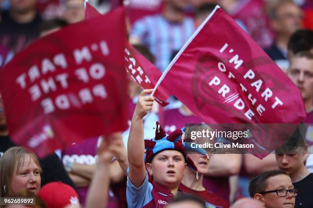 Aston Villa fans enjoy the pre match atmosphere the Sky Bet Championship Play Off Final between Aston Villa and Fulham at Wembley Stadium on May 26,...