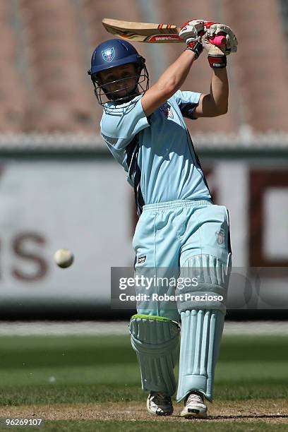 Leah Poulton of the Breakers plays a shot during the WNCL Final match between the NSW Breakers and the DEC Victoria Spirit held at the Melbourne...