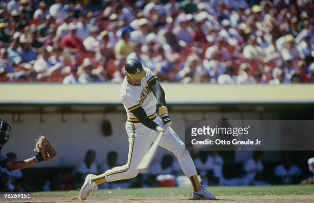 Dave Kingman of the Oakland Athletics swings at the pitch during a 1986 season game. Dave Kingman played for the Athletics from 1984-1986.