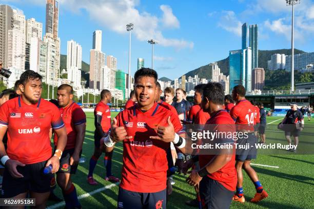 Players of Malaysia poses for a photo after defeated by team Hong Kong during the Hong Kong vs Malaysia Asia Rugby Championship and Rugby World Cup...