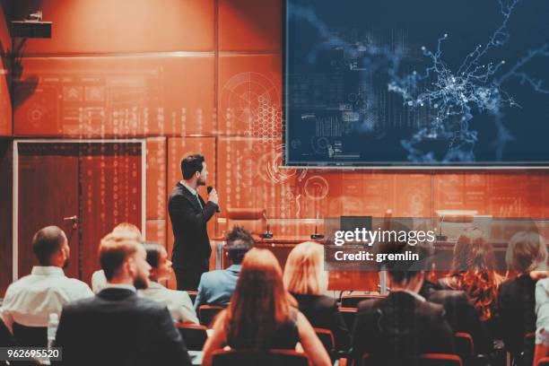 public speaker at science convention - virtual audience stock pictures, royalty-free photos & images
