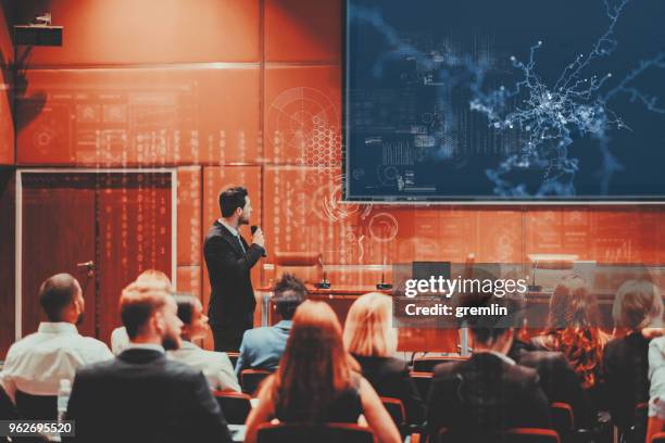 public speaker at science convention - auditorium stock pictures, royalty-free photos & images