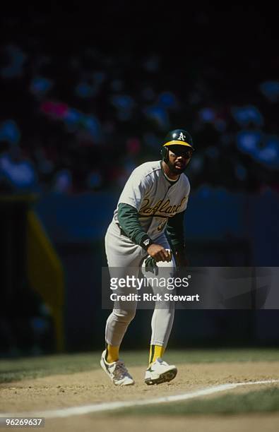 Harold Baines of the Oakland Athletics leads off during a May 1991 game against the Cleveland Indians at Municipal Stadium in Cleveland, Ohio.