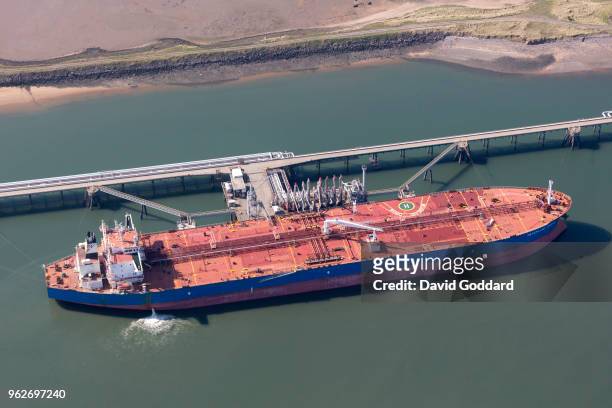 Aerial view of Neverland Dream Crude Oil Tanker at Seal Sands Oil Refinery, County Durham on May 5th, 2018. Located just North of the River Tees, 3...