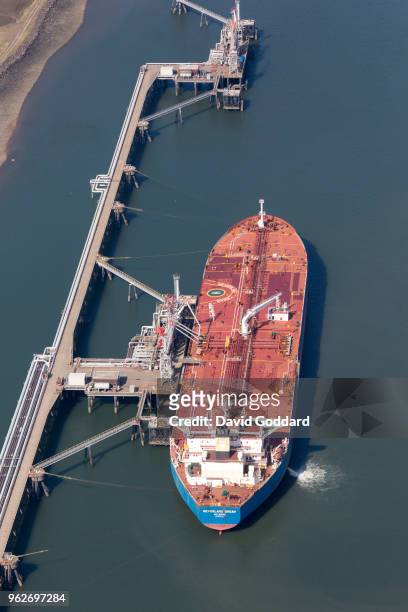 Aerial view of Neverland Dream Crude Oil Tanker at Seal Sands Oil Refinery, County Durham on May 5th, 2018. Located just North of the River Tees, 3...