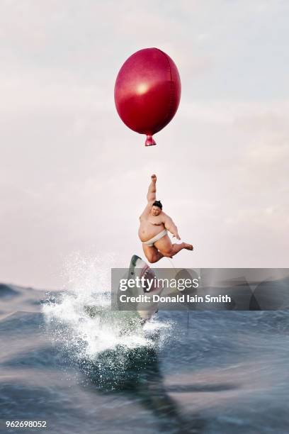 sumo wrestler hangs from balloon above sea as great white shark leaps out of water - offbeat imagens e fotografias de stock