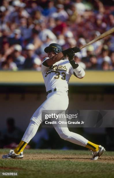 Jose Canseco of the Oakland Athletics bats during the game against the California Angels at Oakland-Alameda County Coliseum on August 15, 1992 in...