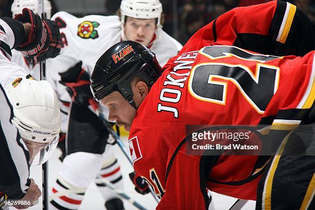 Olli Jokinen of the Calgary Flames skates against the Chicago Blackhawks on January 21, 2010 at Pengrowth Saddledome in Calgary, Alberta, Canada. The...