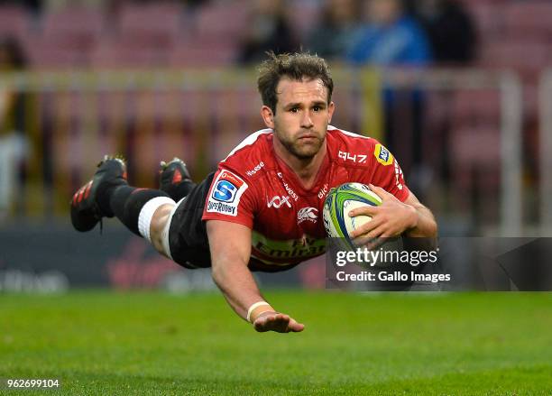 Nic Groom of the Lions scores a try during the Super Rugby match between DHL Stormers and Emirates Lions at DHL Newlands Stadium on May 26, 2018 in...