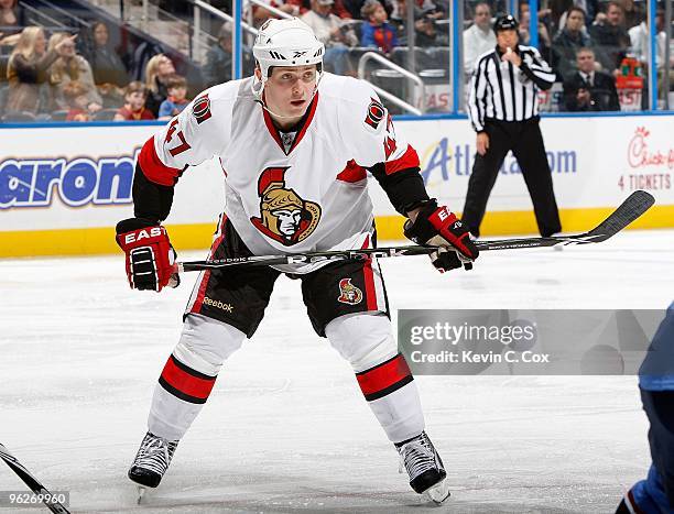 Zack Smith of the Ottawa Senators against the Atlanta Thrashers at Philips Arena on January 12, 2010 in Atlanta, Georgia.