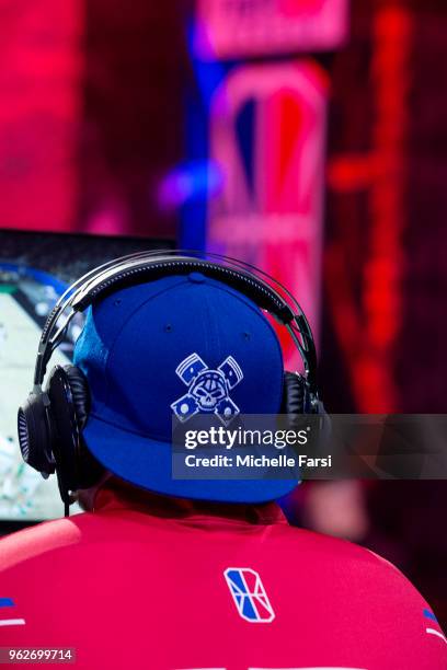 Ixsplashkingxi of Pistons Gaming Team looks on against Celtics Crossover Gaming on May 26, 2018 at the NBA 2K League Studio Powered by Intel in Long...