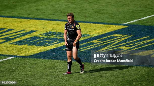 Lachie Turner of Exeter Chiefs looks dejected on the final whistle following the Aviva Premiership Final between Saracens and Exeter Chiefs at...