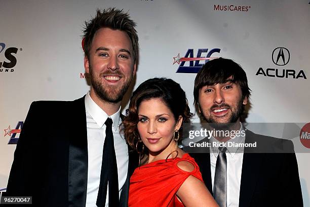 Musicians Charles Kelley, Hillary Scott and Dave Haywood of Lady Antebellum arrive at 2010 MusiCares Person Of The Year Tribute To Neil Young at the...