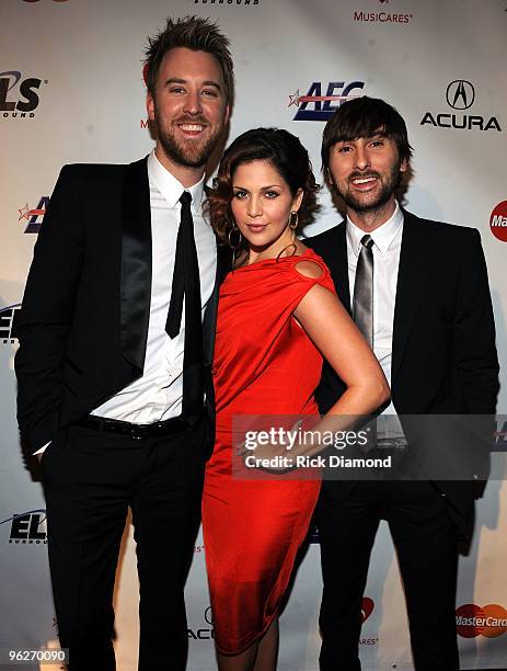 Musicians Charles Kelley, Hillary Scott and Dave Haywood of Lady Antebellum arrive at 2010 MusiCares Person Of The Year Tribute To Neil Young at the...