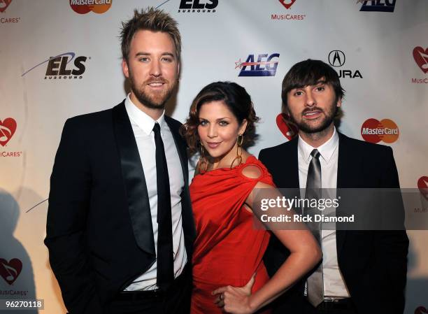 Musicians Charles Kelley, Hillary Scott and Dave Haywood of Lady Antebellum arrive at 2010 MusiCares Person Of The Year Tribute To Neil Young at the...