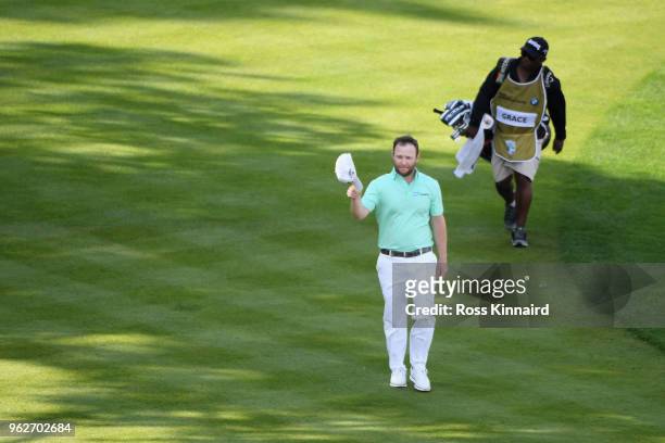 Branden Grace of South Africa walks to the 18th green during the third round of the BMW PGA Championship at Wentworth on May 26, 2018 in Virginia...
